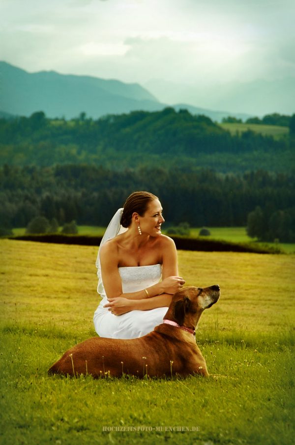 Hochzeit Shooting in den Bergen: Braut mit Hund